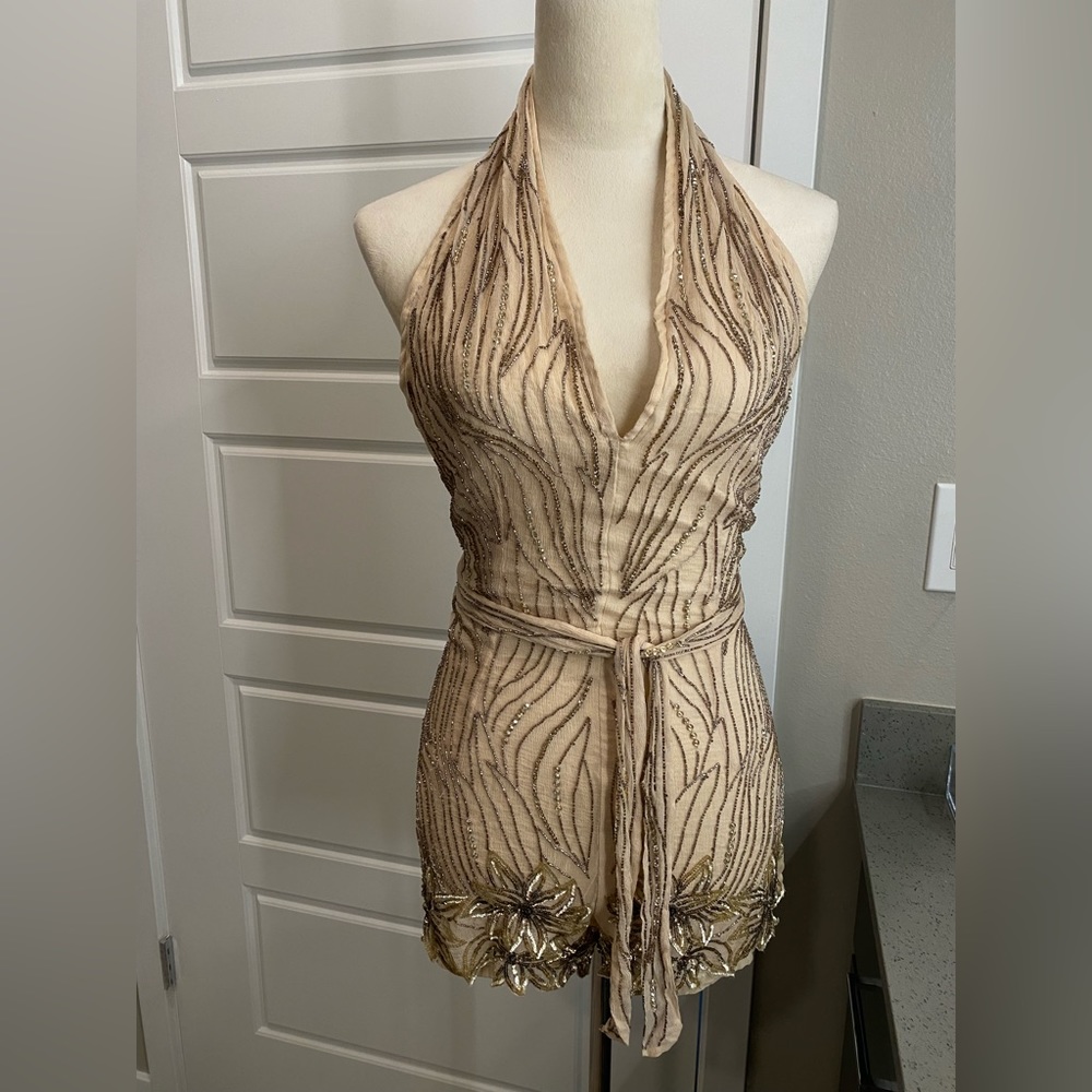 Free People Bella Sequin Beaded Romper Beige Halter Open
Back Tie